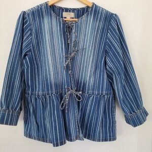 LOGO Lori Goldstein 12 Denim Pinstripe Shirt Jacket 3-Tie Closure Ruffle Hem EUC